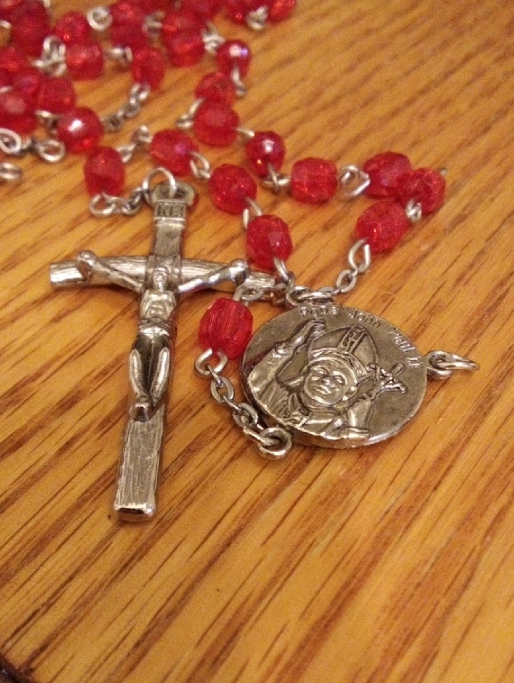 Red Beaded Rosary Necklace with Silver-Tone Crucifix